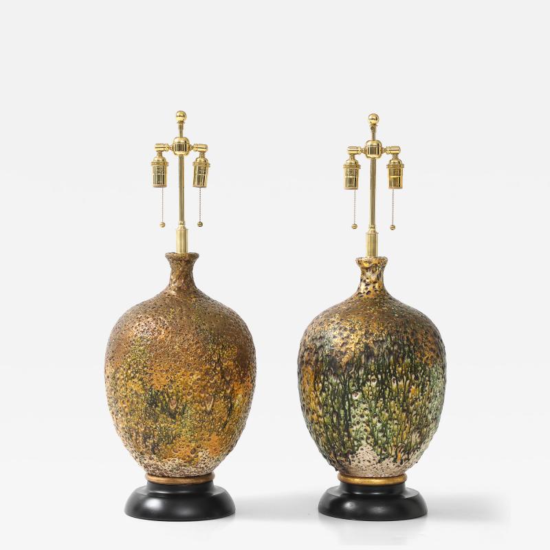 Fabulous Pair of Large Ceramic Lamps with a Volcanic Lava Drip Glaze Finish