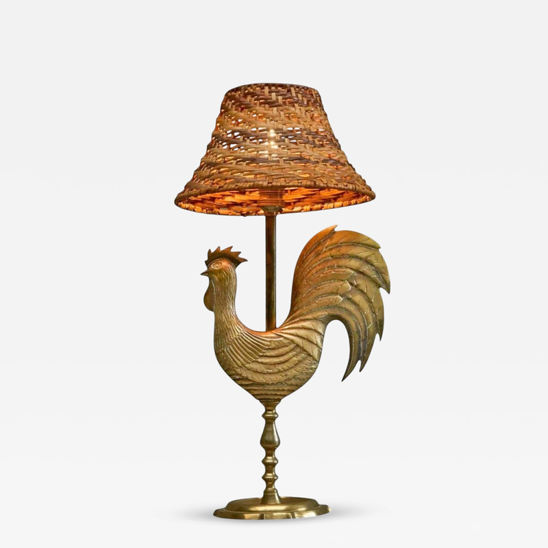 Fantastic French Le Coq dOr Rooster Table Lamp in Brass and Rattan 1960s