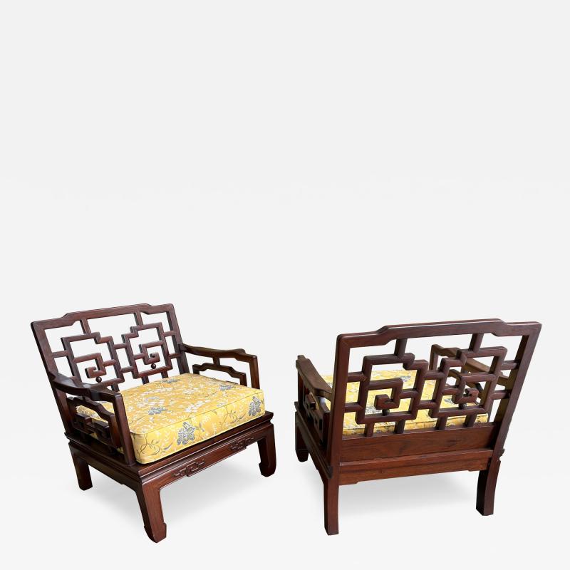 Fantastic Pair Chinoiserie Solid Rosewood Lounge Chairs Mid Century