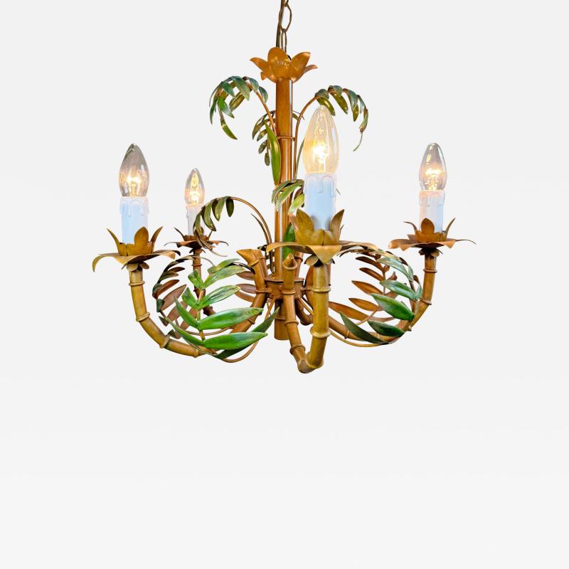 Faux Bamboo Palm Leaf Italian Tole Chandelier 1960s