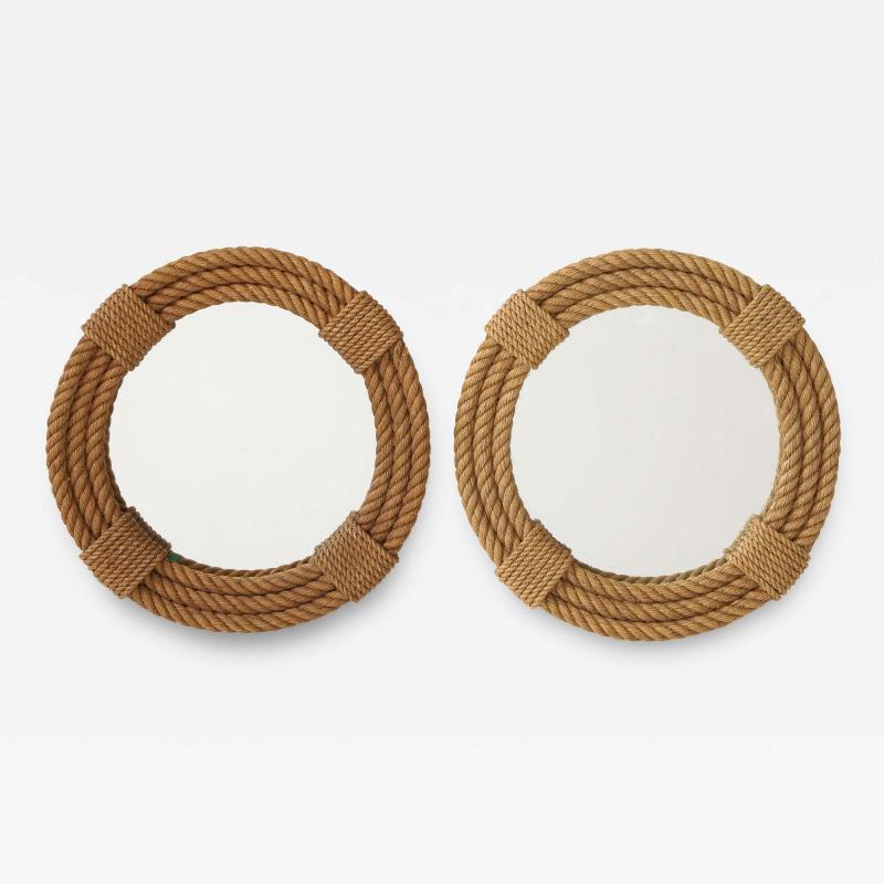 Faux Pair of Audoux Minnet Round Wall Rope Mirrors France 1960s