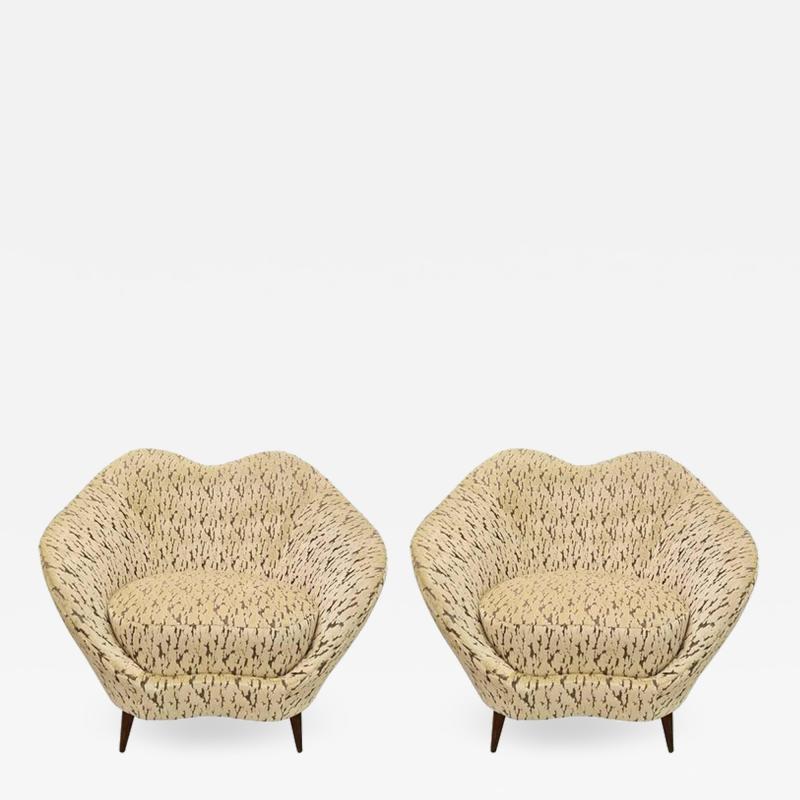 Federico Munari Pair of Federico Munari Italian Midcentury Ivory Charcoal Velvet Lounge Chairs