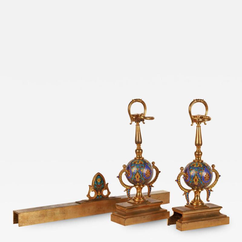 Ferdinand Barbedienne A Pair of French Ormolu and Champleve Enamel Andirons