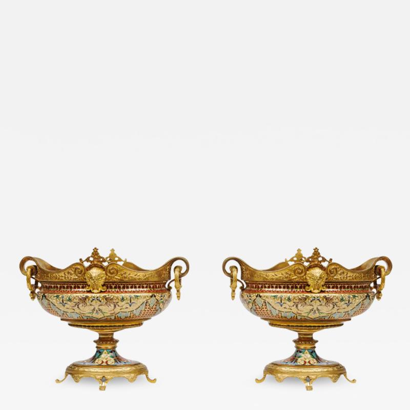 Ferdinand Barbedienne An Exquisite Pair of French 19th Century Ormolu and Champleve Enamel Jardinieres