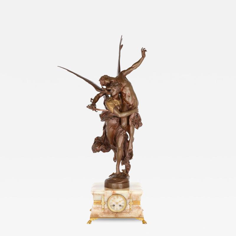 Ferdinand Barbedienne Antique patinated bronze and onyx mantel clock by Merci and Barbedienne