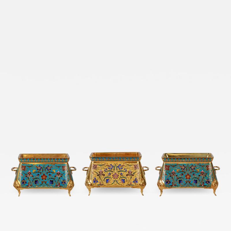 Ferdinand Barbedienne F Barbedienne A Suite of Three French Ormolu and Champleve Enamel Jardinieres