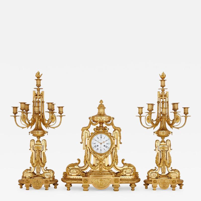 Ferdinand Barbedienne Large Louis XV style Rococo ormolu three piece clock set by Barbedienne