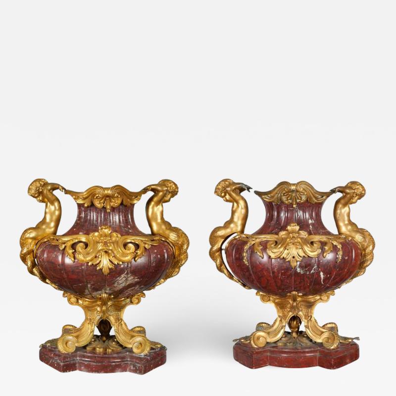 Ferdinand Barbedienne Large Pair of French Ormolu Mounted Rouge Marble Vases F Barbedienne Attributed