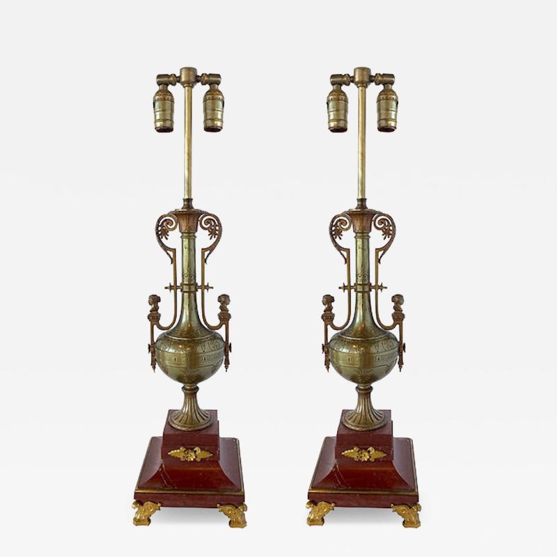 Ferdinand Barbedienne Pair French Empire Style Bronze and Rosso Marble Lamps F Barbedienne