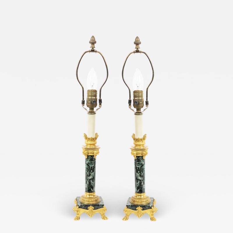 Ferdinand Barbedienne Pair of French Empire Green Marble Barbedienne Table Lamps