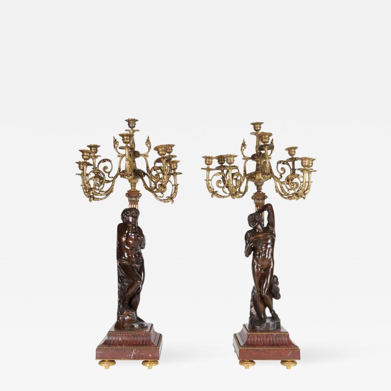 Ferdinand Barbedienne a Large Pair of French Gilt Patinated Bronze Candelabras