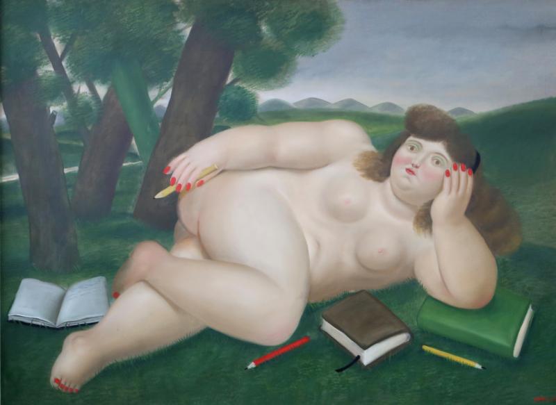 Fernando Botero Reclining Nude with Books and Pencils on Lawn