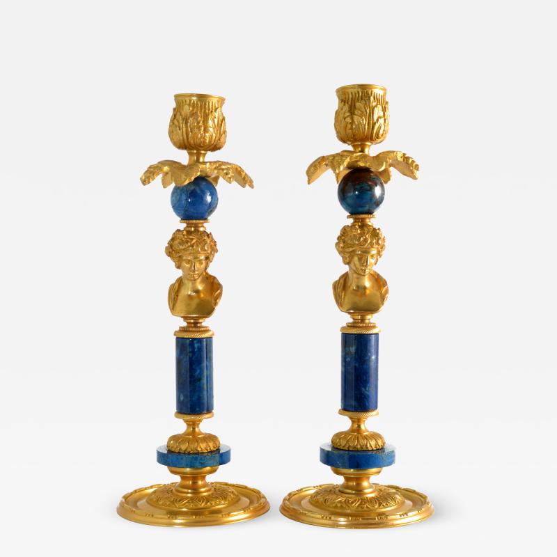 Figural Candlesticks Gilt Bronze Ormolu Lapis Lazuli 19th 20th C 