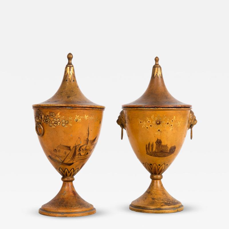 Fine 19th Century Near Pair of Regency Tole Painted Chestnut Urns