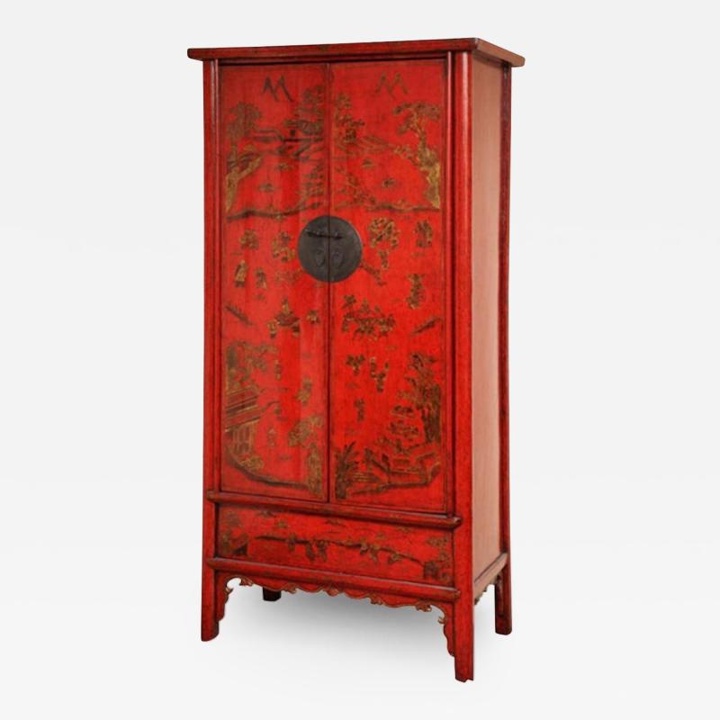 Fine 19th Century Red Lacquered Chinese Cabinets with Chinoiserie Decoration