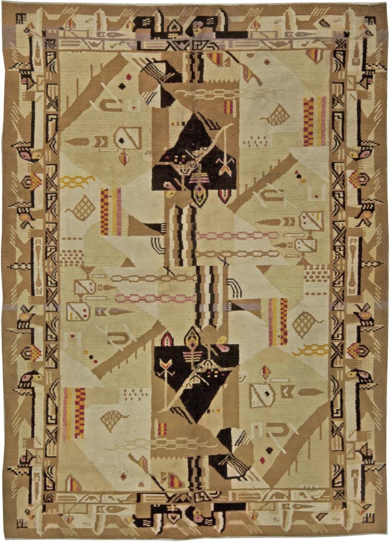 Fine Antique Abstract Indian Agra Beige Brown Handmade Wool Rug