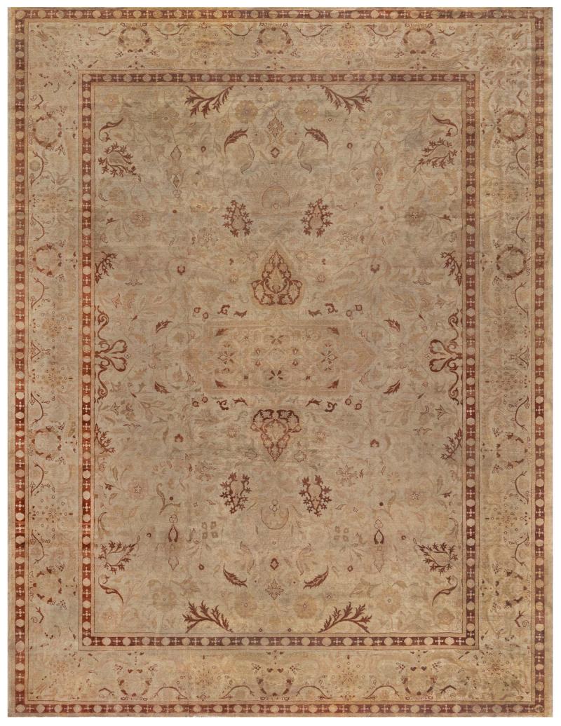 Fine Antique Indian Amritsar Beige Botanic Handmade Wool Rug