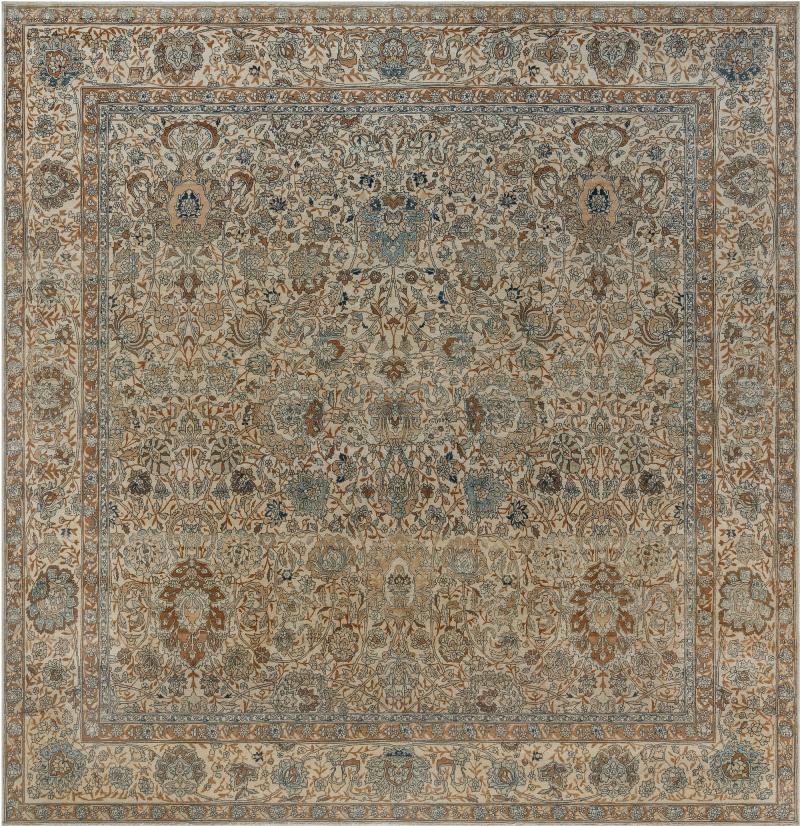Fine Antique Persian Kirman Beige Blue Brown Handmade Wool Rug