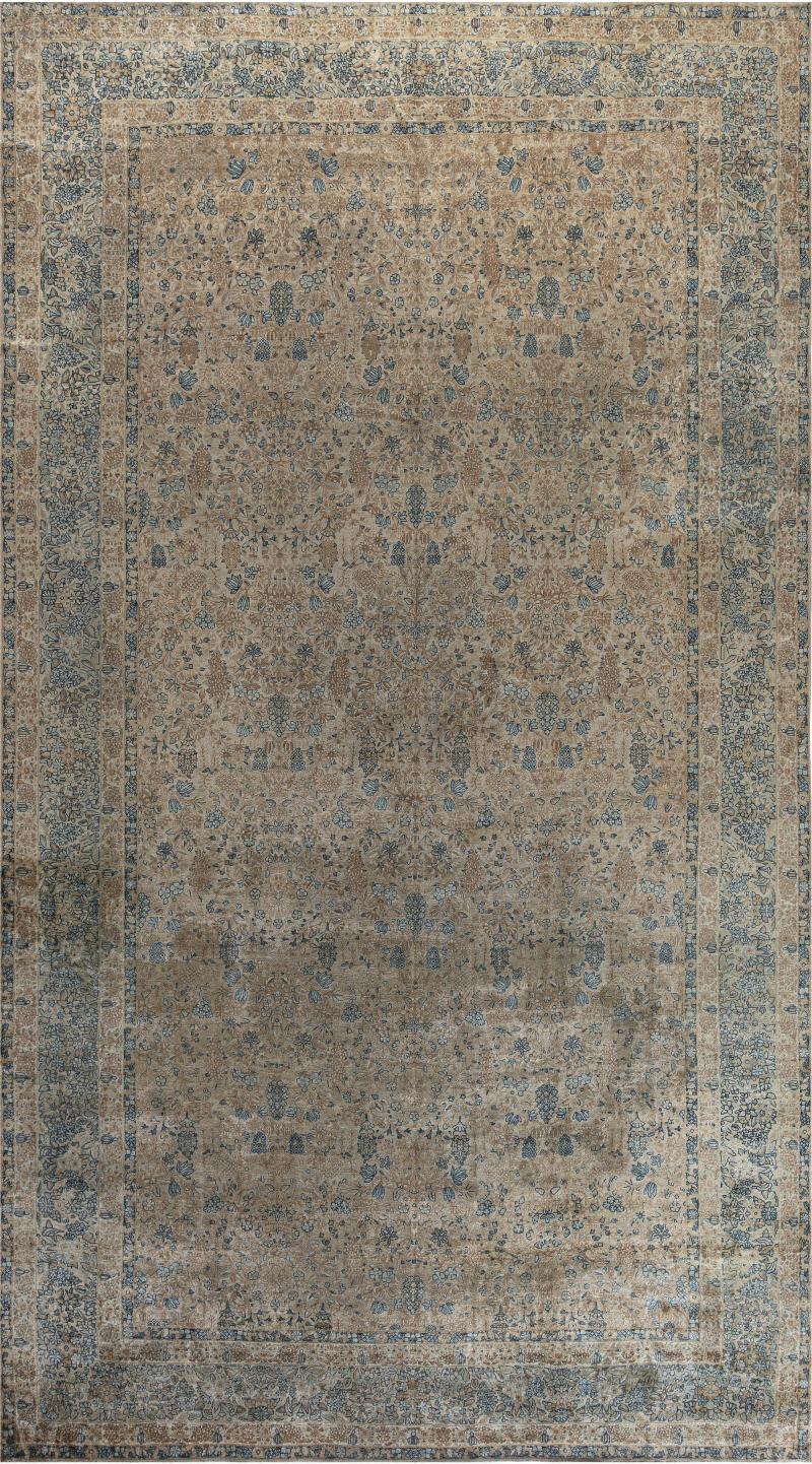 Fine Antique Persian Kirman Beige Blue Green Handmade Wool Rug