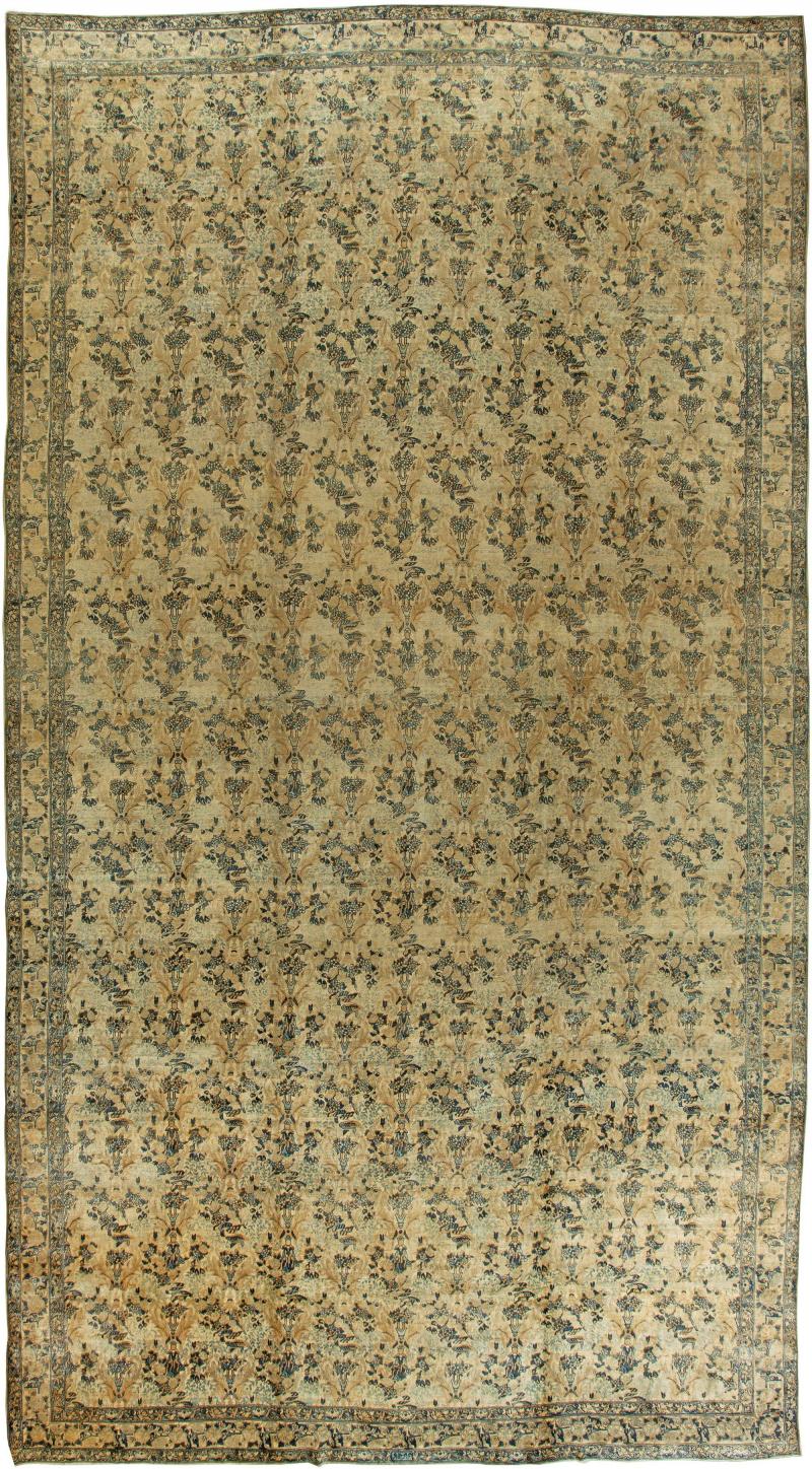 Fine Antique Persian Kirman Beige Blue Handmade Wool Rug