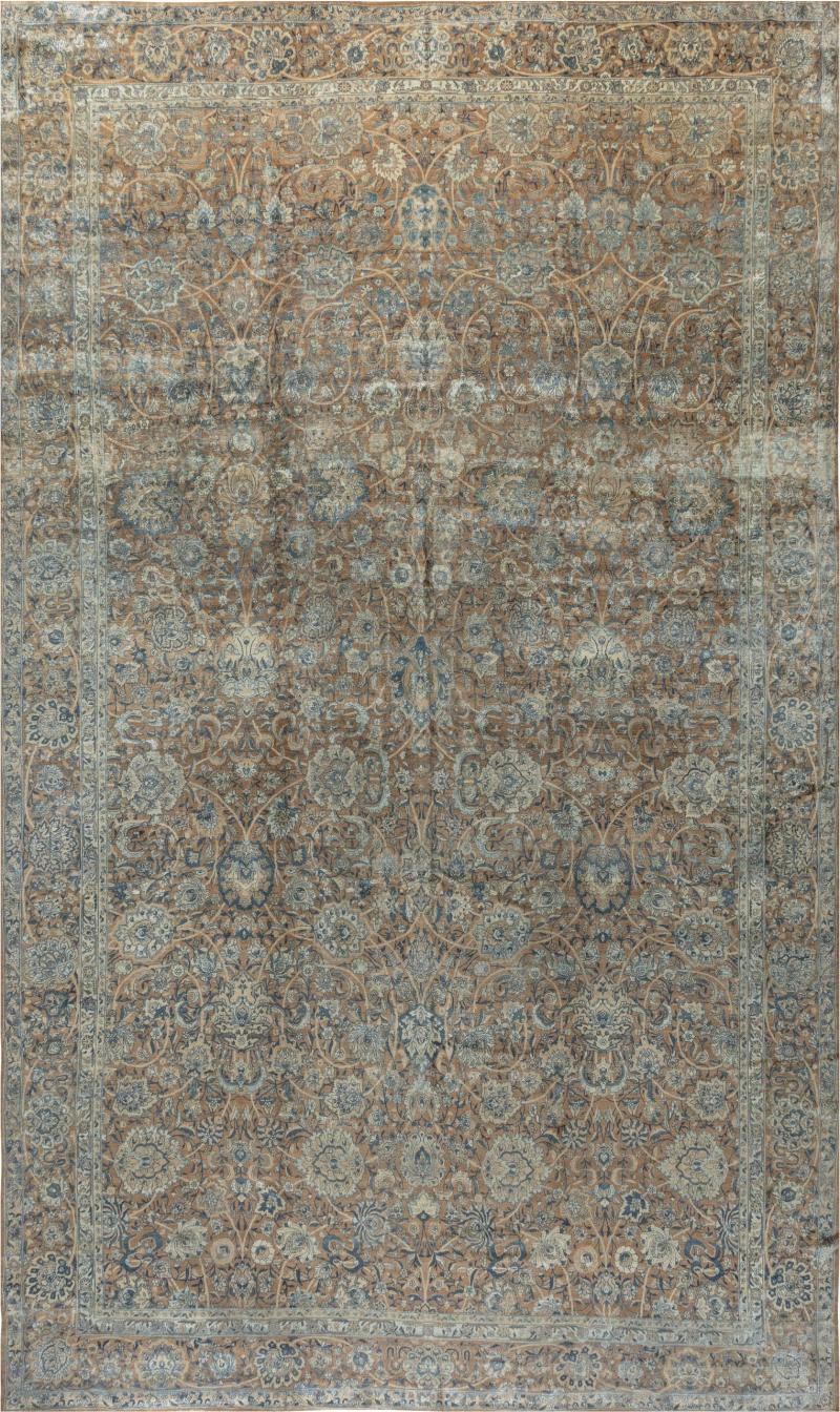 Fine Antique Persian Kirman Brown Blue Handmade Wool Carpet