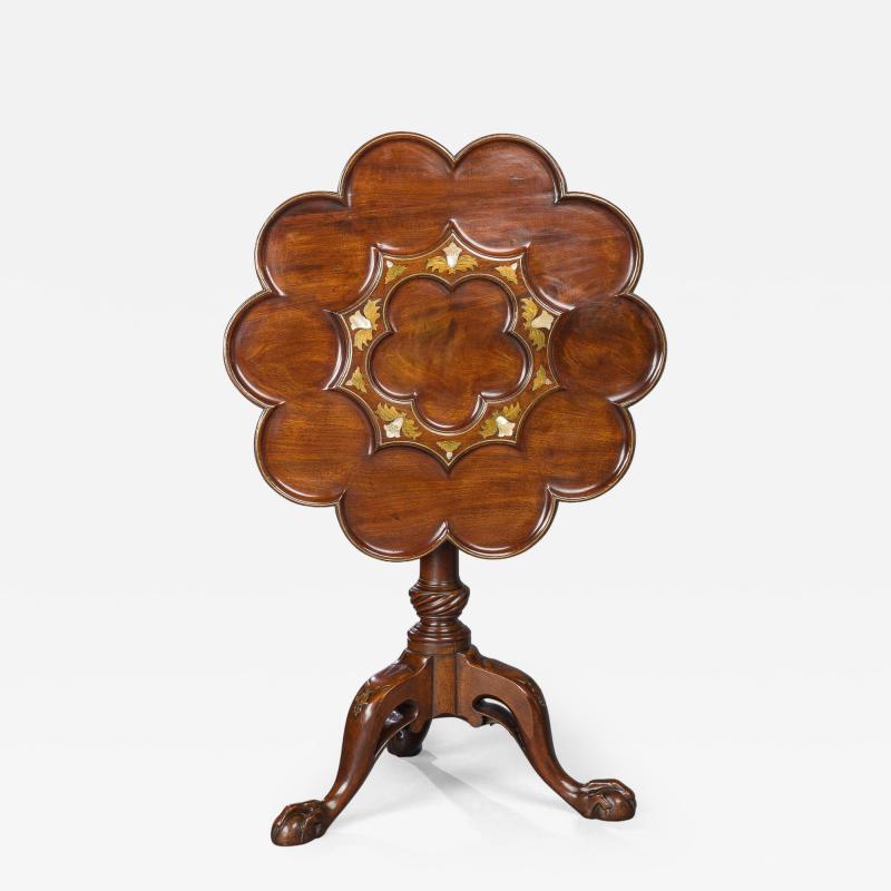 Fine Brass Inlaid Scalloped Tripod Table Attributed to Frederick Hintz