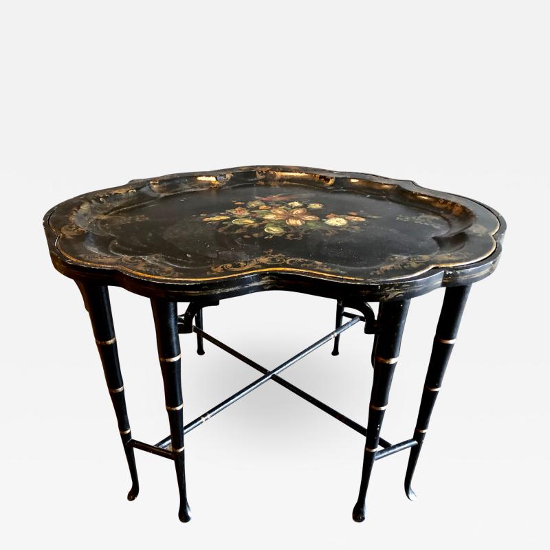 Fine English 19th Century Floral Tole Tray on Regency Style Stand