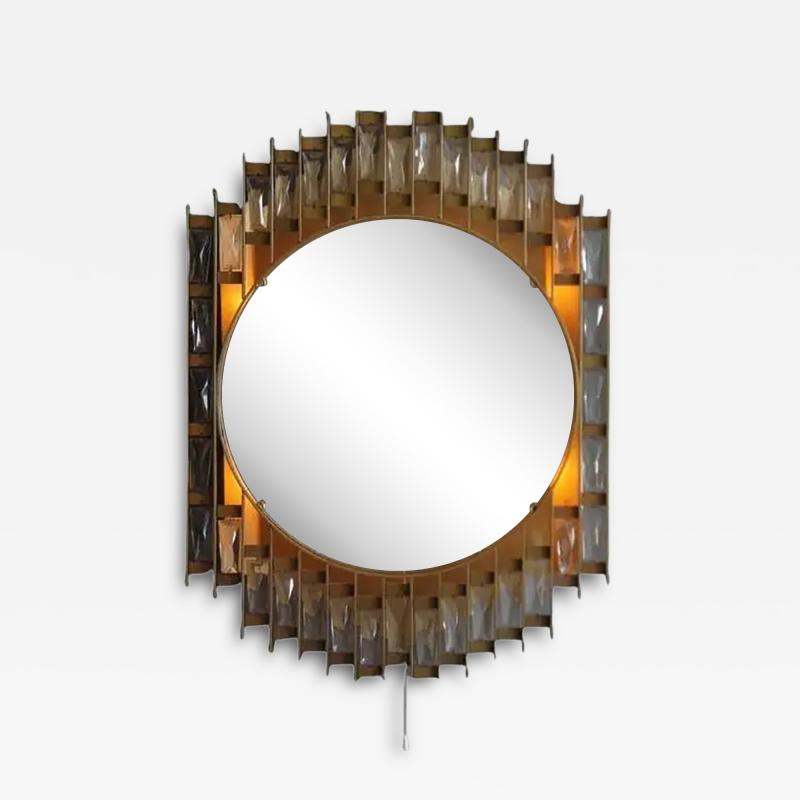 Fine French 1970s Metal and Glass Illuminated Mirror