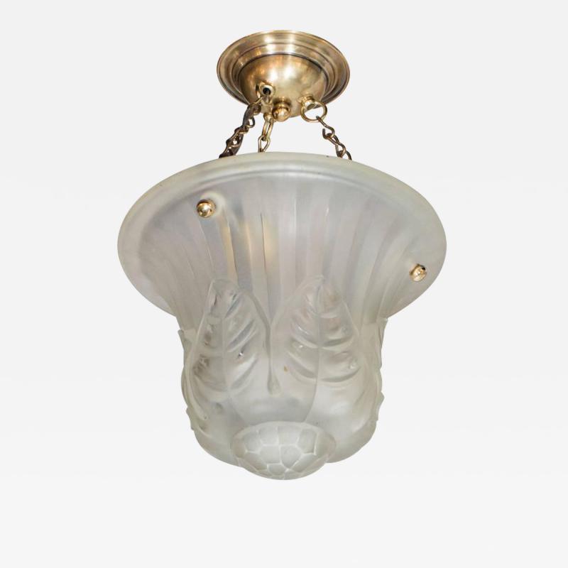 Fine French Art Deco Dome Chandelier in Frosted Glass with Brass Fittings