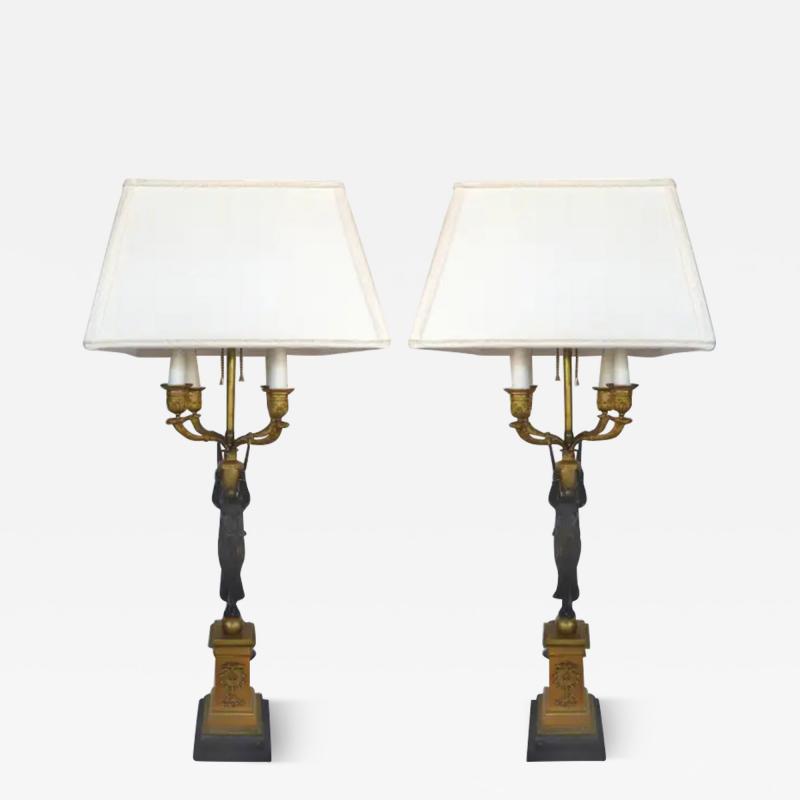 Fine French Empire 19th Century Bronze Candelabras Mounted as Lamps Pair