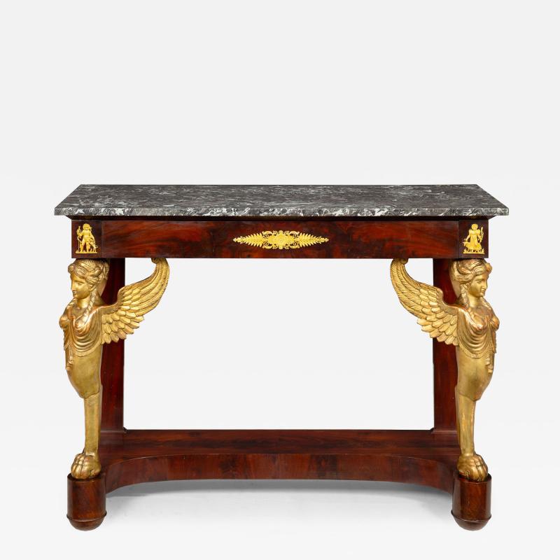 Fine French Empire Mahogany Gilt Figural Sphinx Pier Console Table c 1815