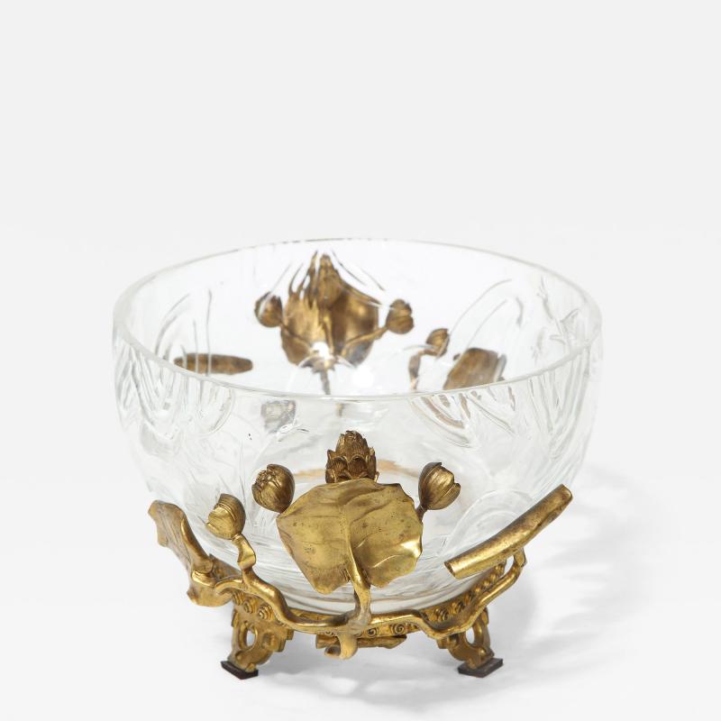 Fine French Japonisme Gilt Bronze Mounted Hand Carved Crystal Centerpiece