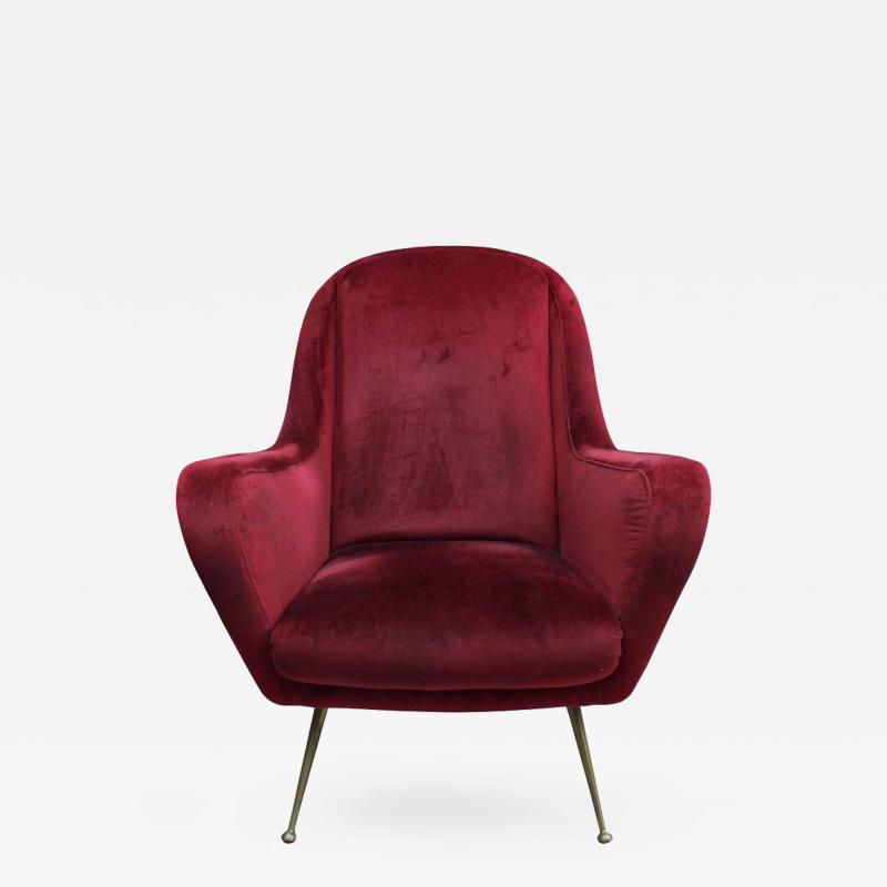 Fine Italian Red Velvet Armchair with Brass Legs 1970s
