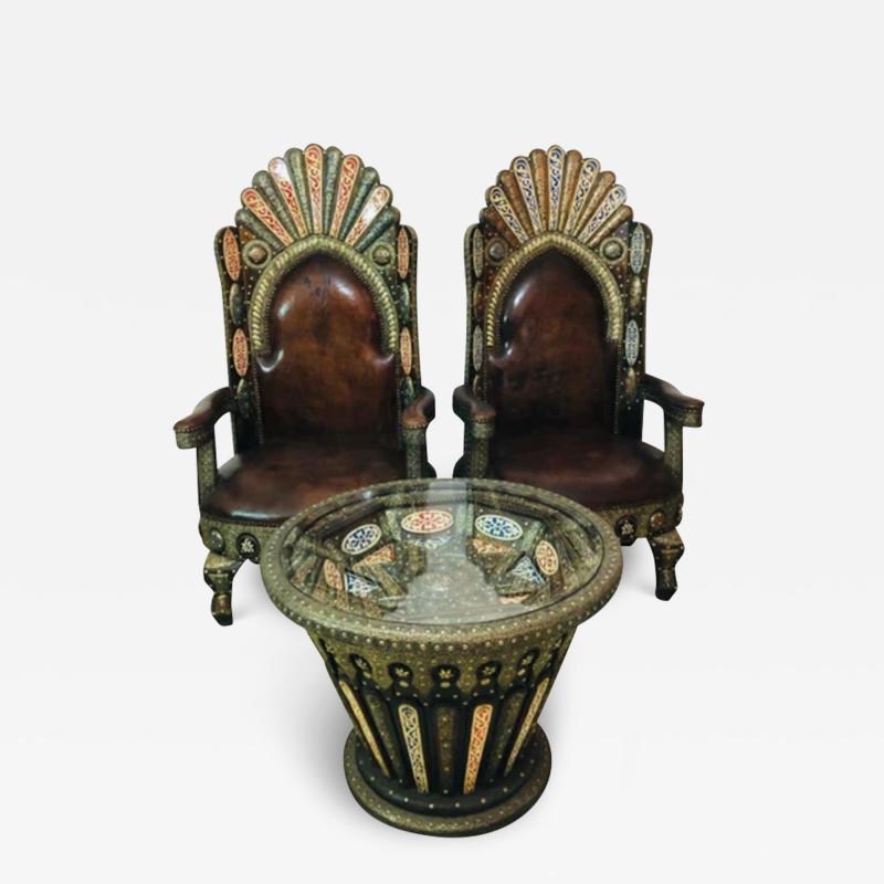 Fine Leather Brass Natural Stones and Camel Bone Inlaid Chairs Table