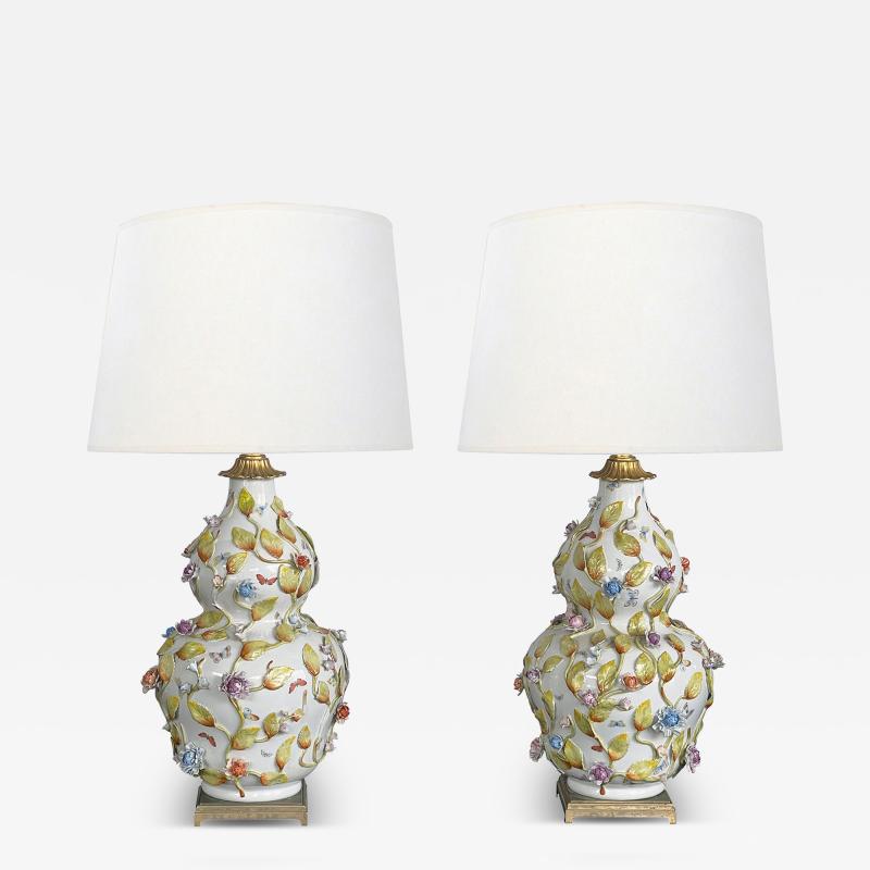 Fine Pair of Continental Double Gourd Lamps with Applied Floral Vines