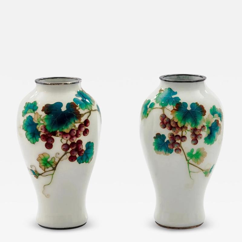 Fine Pair of Japanese Cloisonn Enamel Vases by Ando with Grapes on White Ground