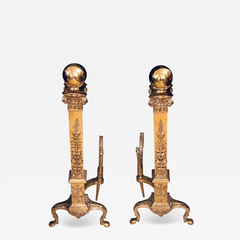 Fine Pair of Large and Impressive Louis XVI Style Brass and Irons