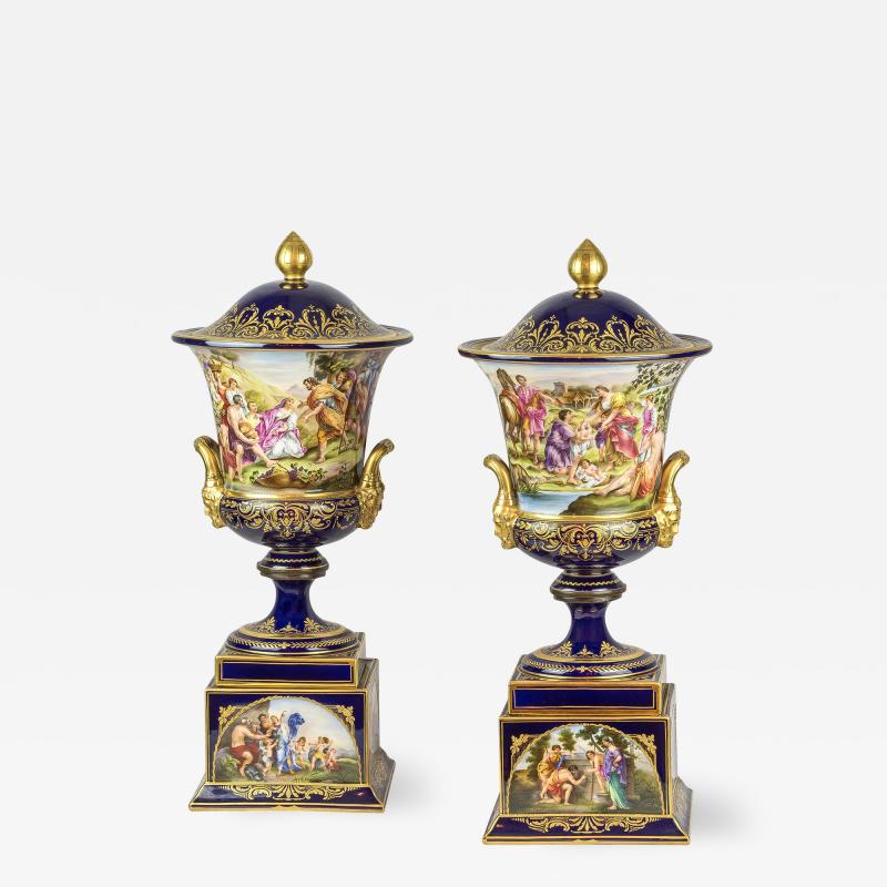 Fine Pair of Vienna Cobalt Blue Porcelain Covered Urns with Male Mask Handles