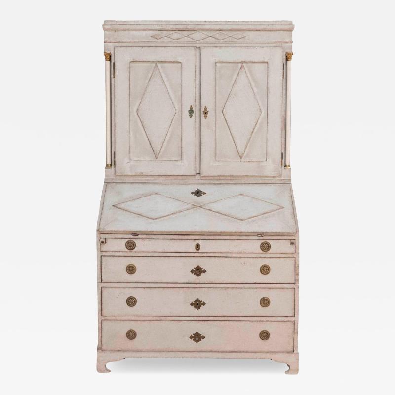 Fine Swedish three part bureau with charming carvings and marble painted columns