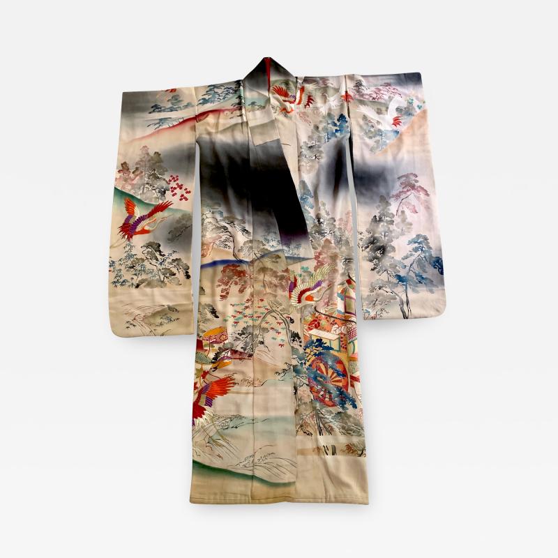Fine Vintage Japanese Furisode Kimono with Yuzen Dyes and Embroidery