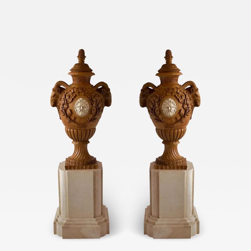 Fine and Monumental Pair of Italian Neoclassical Siena Marble Urns on Pedestal