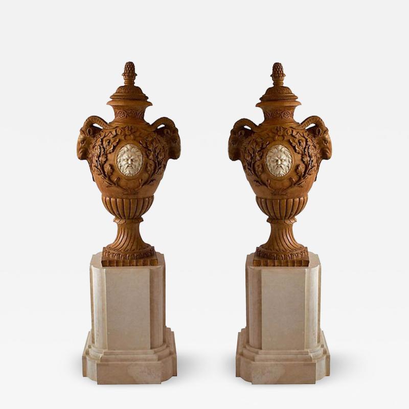 Fine and Monumental Pair of Italian Neoclassical Siena Marble Urns on Pedestal