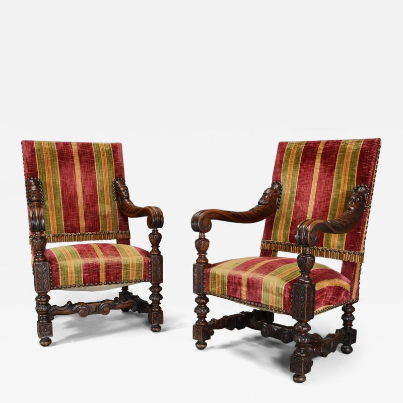Fine pair of 19thc French walnut open armchairs in the Baroque style