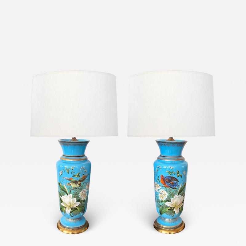 Fine pair of French blue opaline lamps w polychromed decoration
