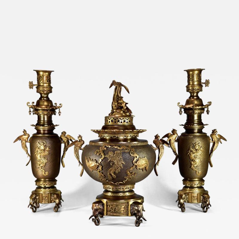 Fine quality French Japonisme style bronze incense burner set