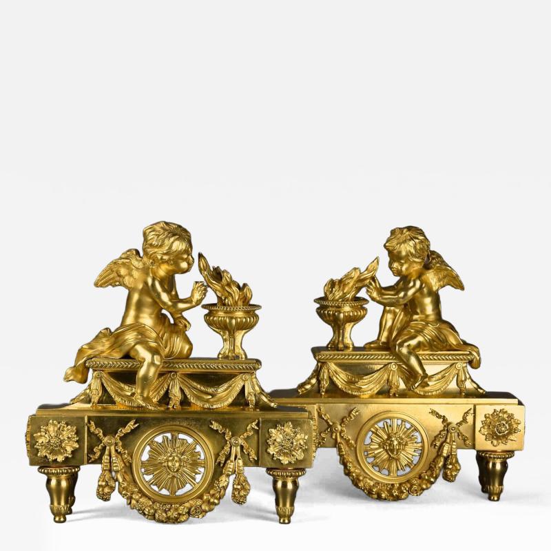 Fine quality late 19thC Louis XIV style ormolu figural chenets or fire dogs