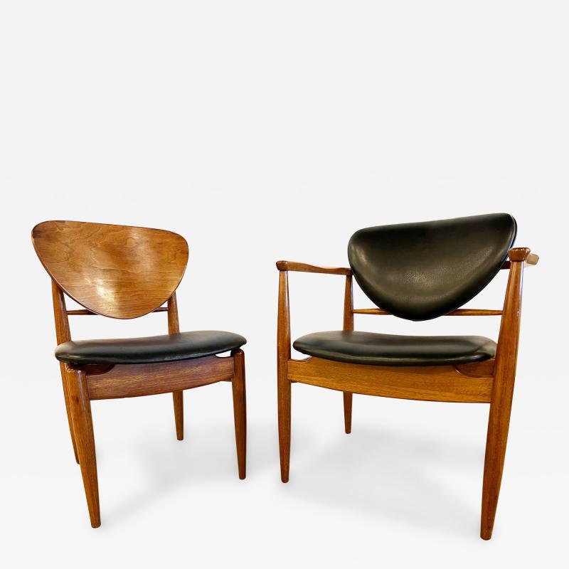 Finn Juhl John Stuart Set of 14 Danish Mid Century Walnut and Black Leather Chairs