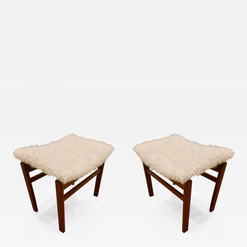 Finn Juhl Pair of Finn Juhl Stools for John Stuart in White Alpaca