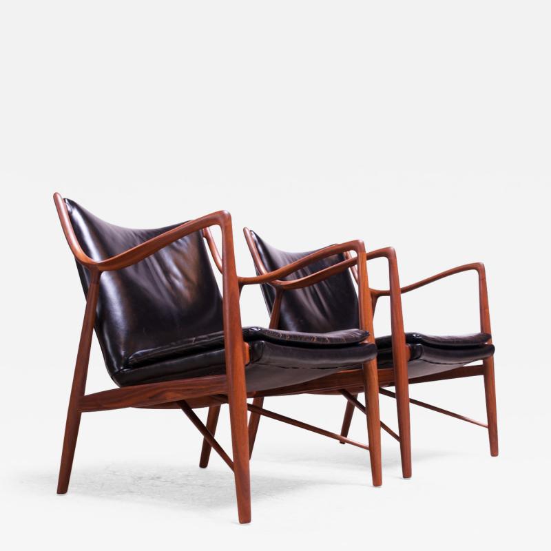 Finn Juhl Pair of Vintage Walnut and Leather 45 Lounge Chairs by Finn Juhl for Baker