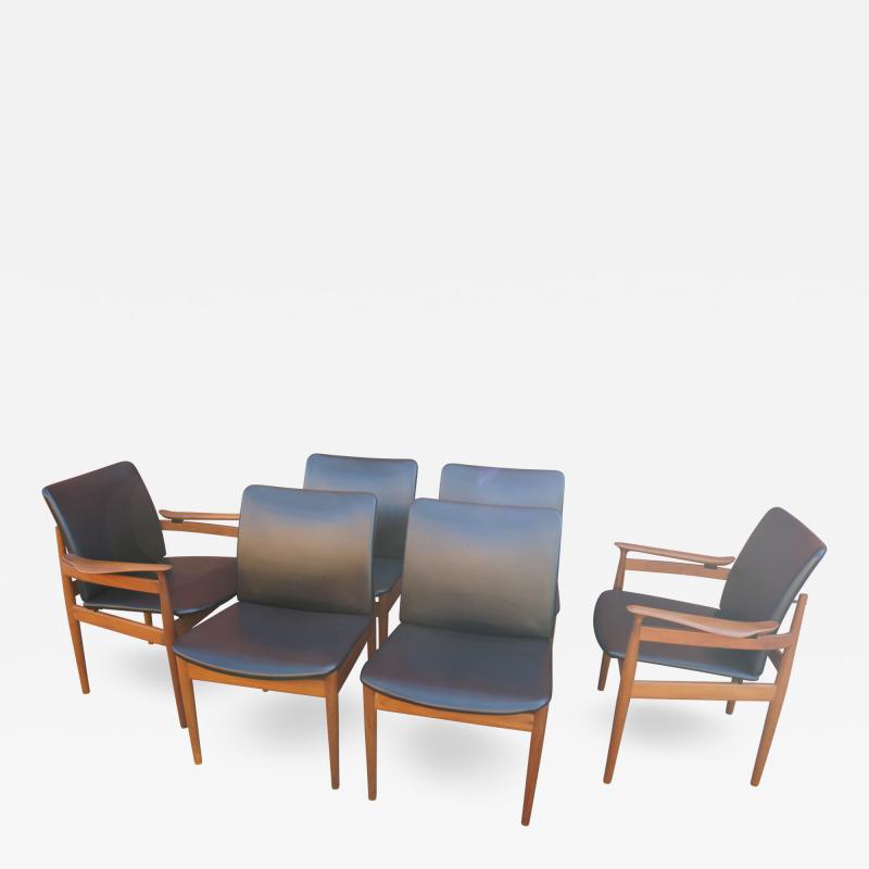 Finn Juhl Set of Six Teak and Leather Dining Chairs Models 191 192 by Finn Juhl